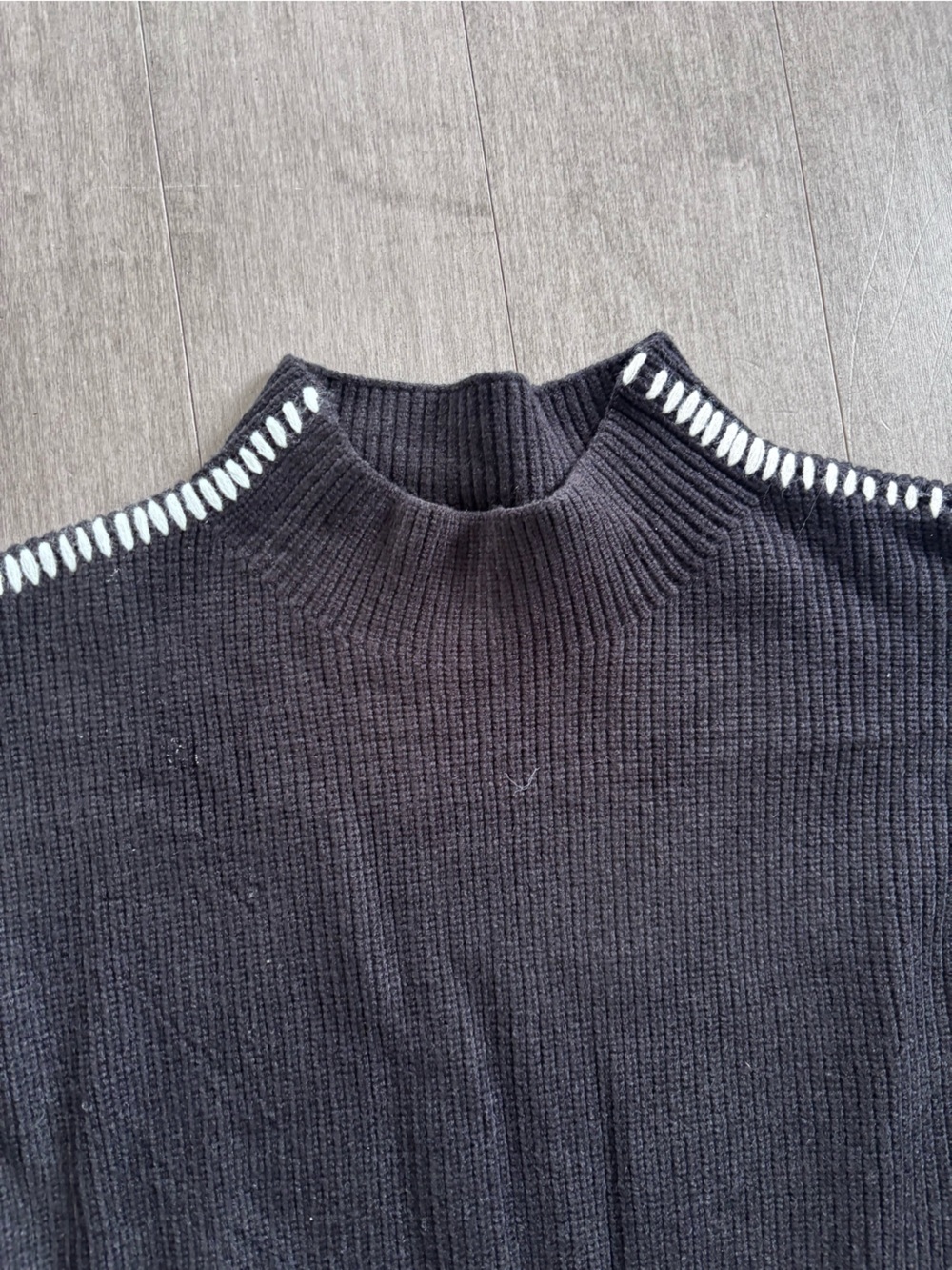 Black Crewneck Sweater with Contrast Stitch Trim - Picture 5 of 7